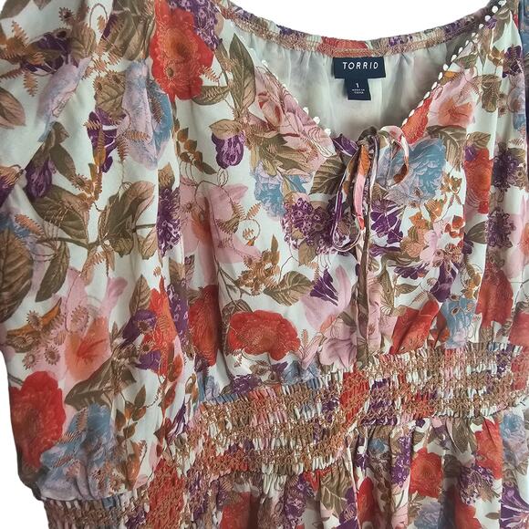 Torrid Top Babydoll Top Floral Blouse Women 1X Puff Sleeve Blouse Smocked Top - Picture 5 of 9